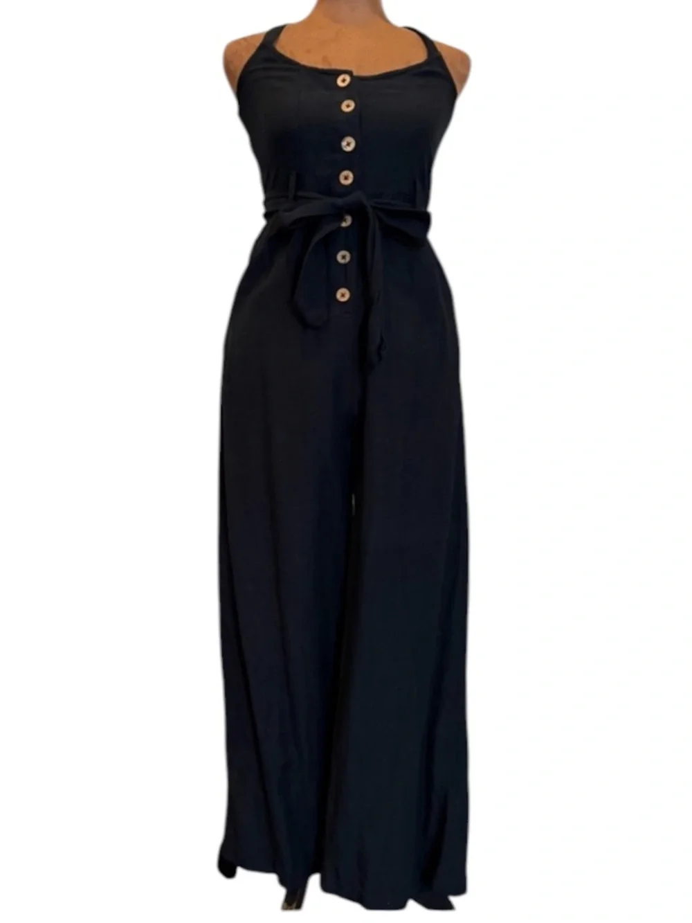 Roxy Black Linen Blend Wide Leg Jumpsuit XS Button Front Belted Pockets boho - Picture 9 of 9